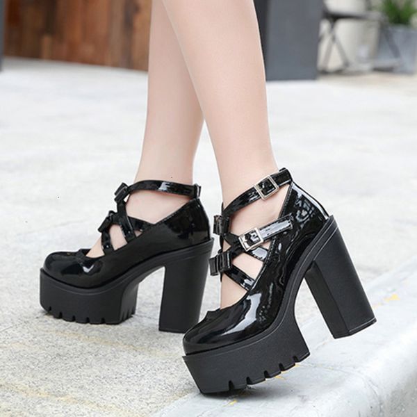 

2021 new fashion double buckle super high heels women party pumps woman patent leather ladies chunky shoes ngto, Black