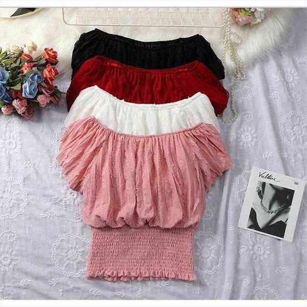 

spring summer short sleeve solid womens shirts sweet slash neck female slim puff blouses ab1827, White