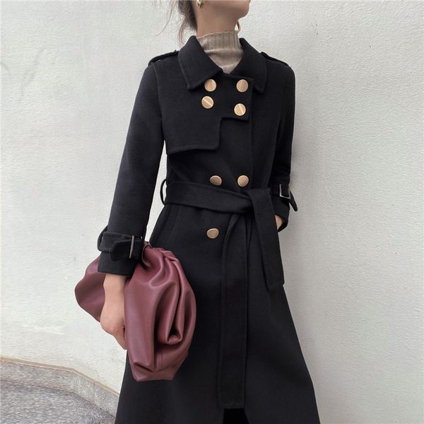 

2021 new female high-end black korean jacket autumn long fine bouble breasted outwear women's wool coat 7sjd