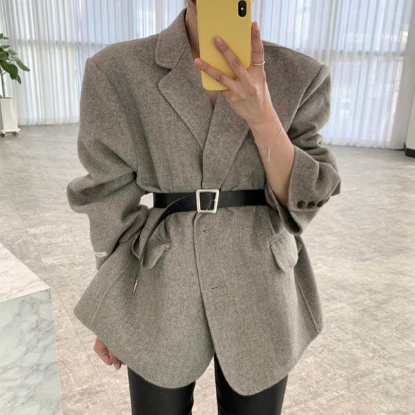 

women's wool & blends korea chic autumn temperament elegant lapel two button design cardigan long sleeve woolen coat with belt, Black