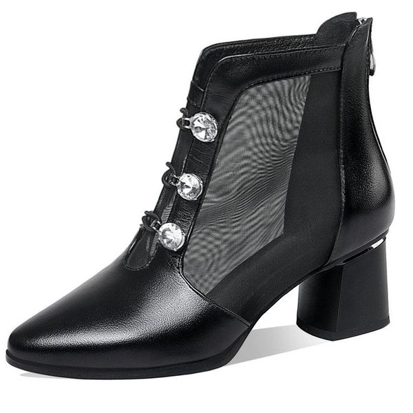 

boots crystal decoration high heels ankle sweet zipper pointed toe shoes woman genuine leather wedding basic size 41 42 43, Black
