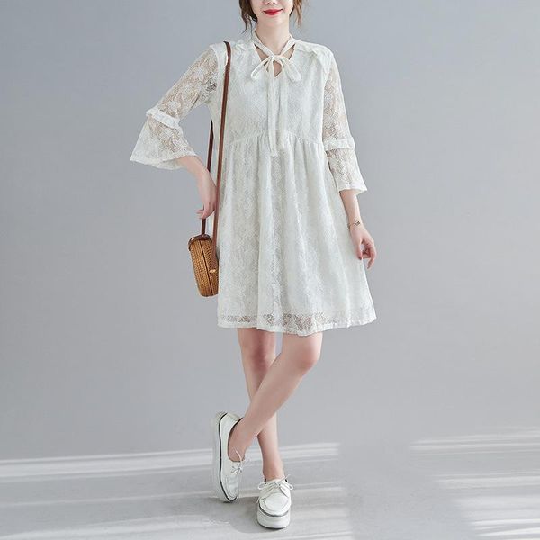 

casual dresses hollow white lace dress v-neck three-quarter sleeves women's summer mini wedding party elegant clothes 2021, Black;gray