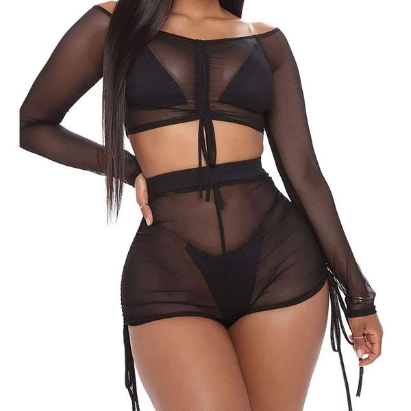 

women's swimwear 2021 trendy bikini cover up see through 2pcs set bathing suit women long sleeve crop shorts swimsuit beachwear, White;black