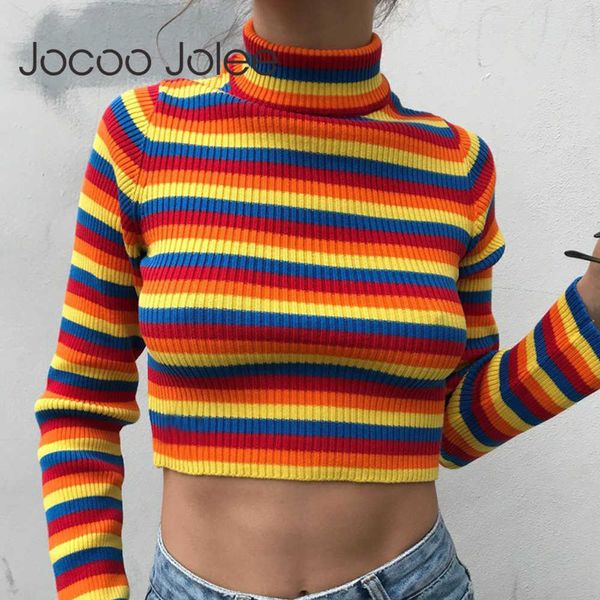 Joloo jolee mulheres arco-íris camisola moda colorida listrada magro gola alta tricotada camisola sexy manga longa kitchrop tops 210619
