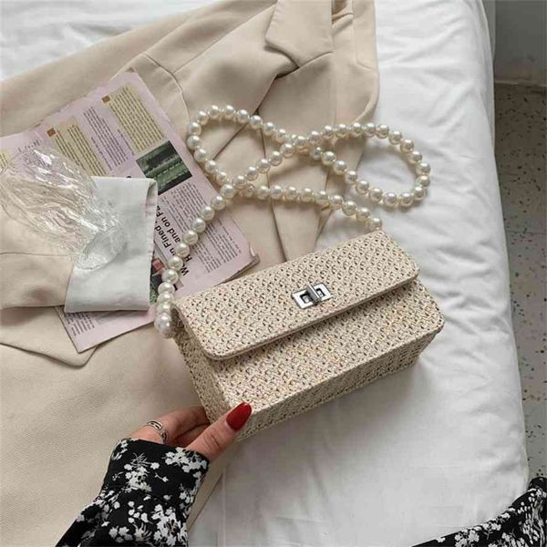 

women 2021 spring and summer new knitting foreign style small square women's fashion one shoulder cross pearl chain bag