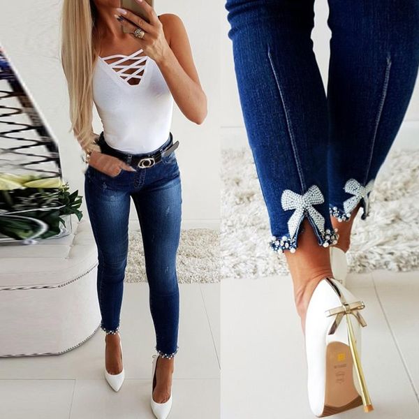 

women's jeans 2021 slim butterfly viscose beaded denim pencil pants woman short women, Blue