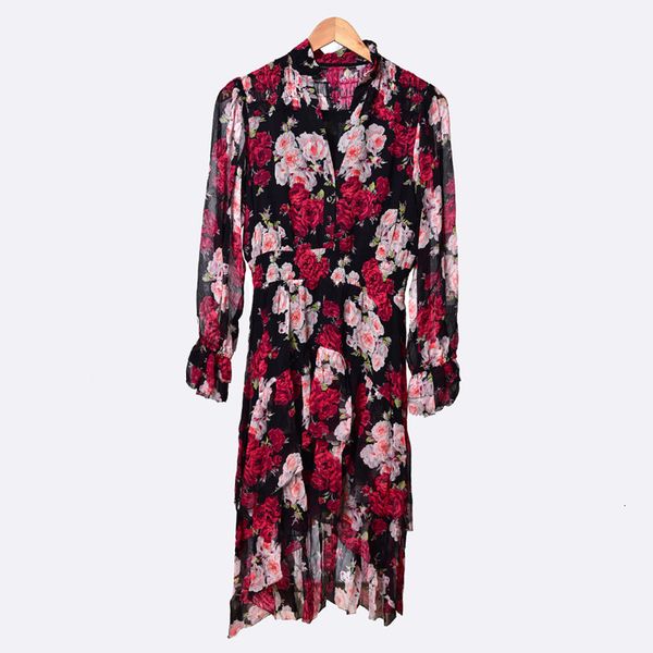 

2021 new rosa flores impressas mulheres midi vestido novo com decote em v primavera vero irregular babados vestidos femininos para o feriado, Black;gray