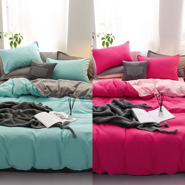

4pcs solid ab printing bedding sets orange gray yellow brief bedclothes duvet cover bed sheet pillowcases single c0223