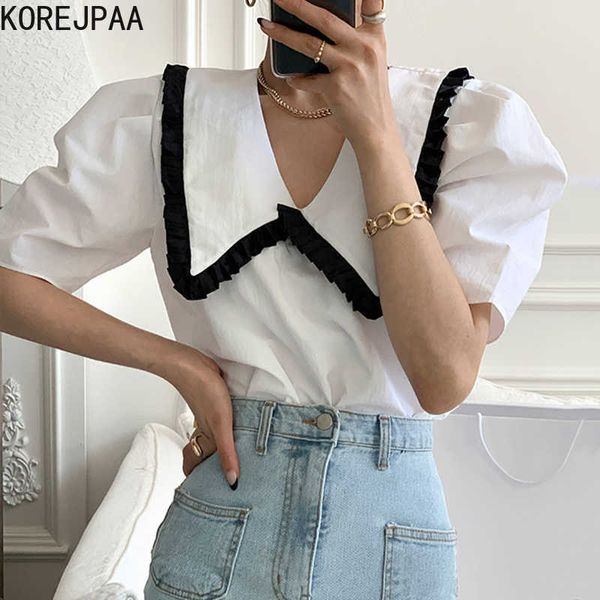 

korejpaa women shirt summer korean chic girls niche retro lapel contrast color wood ear stitching loose puff sleeve blouses 210526, White