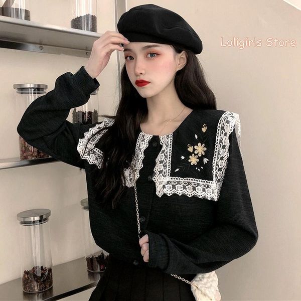 

women autumn new lace flower embroidery loose coat young girl student casual harajuku navy collar knitted cardigan jacket korean, Black;brown