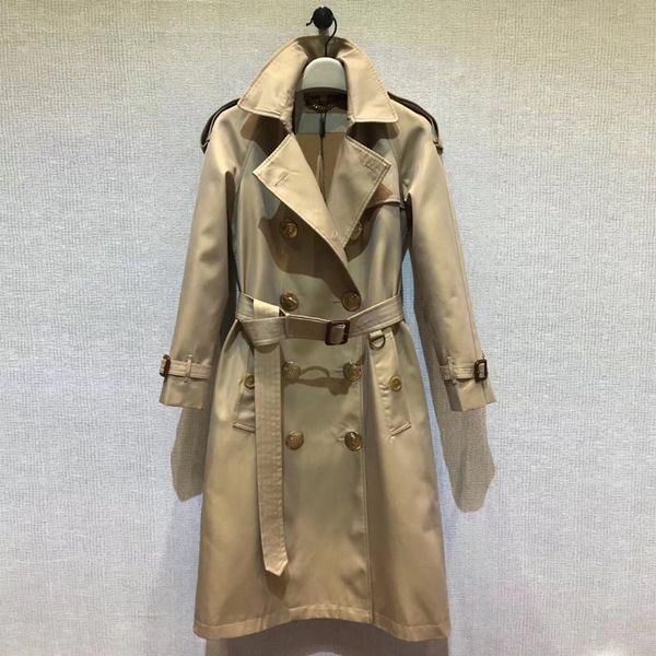 

women's trench coats est high-end waterproof long coat women lapel bird embossed metal button slim belt fashion office lady overcoat, Tan;black