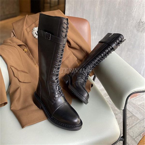 

boots brand designer women long knight real cow leather round toe lace up zipper platform elegant ladies high shoes botas, Black