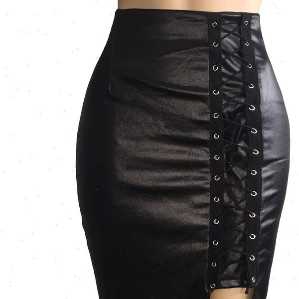 

vintage high waist skirt women spring winter ladies slim office knee skirt bandage split hip leather elegant party skirts, Black