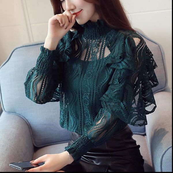 

ruffle lace blouse shirt 2021 women clothing hollow out floral blouse female elegant chiffon blusa long sleeve 911b, White