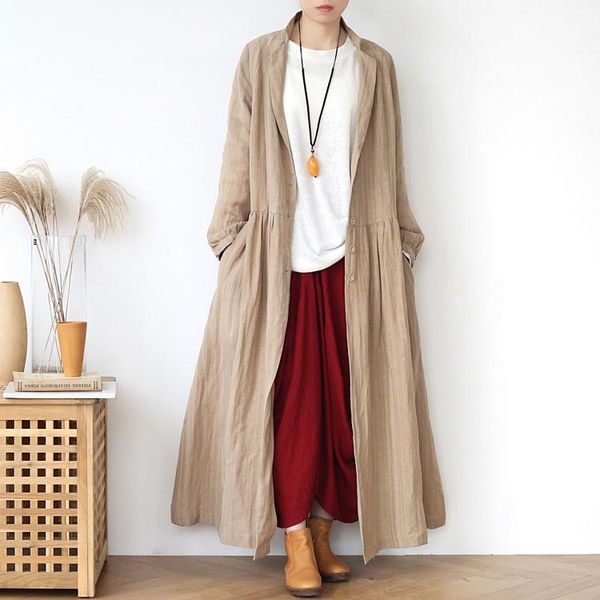 

women's trench coats 2021 japan style coat women cotton & linen long solid loose sleeved oversized autumn overcoat casual outwear, Tan;black