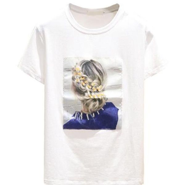 

women summer short sleeve t-shirt female printing cotton shirts round neck, White