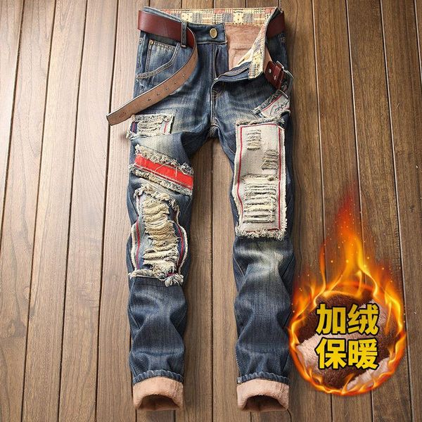 

men's jeans 2022 winter warm fleece retro fashion thicken trousers men hole patch straight denim pants vaqueros hombre, Blue