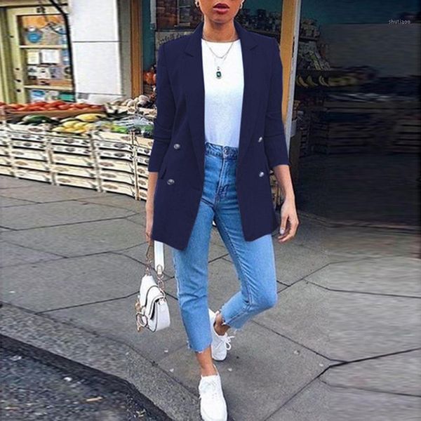 

fashion winter women blends solid color oversized cardigan jackets lady mid-length long sleeve elegant lapel blazer women's wool &, Black