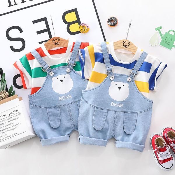 

clothing sets baby boys casual clothes set kids girls striped t-shirt+cartoon bear denim suspenders 2-piece summer toddler 9m-4y, White