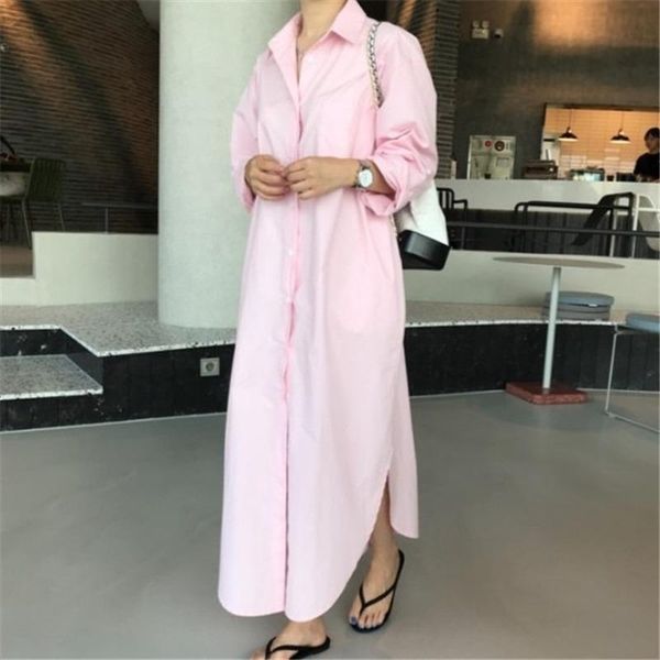 

2021 spring dresses womens female lapel long sleeve casual relax loose hem split long dress korean fashion new pink clothes, Black;gray