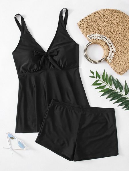 

plus plain knot front shorts bikini swimsuit w3qx#, Black
