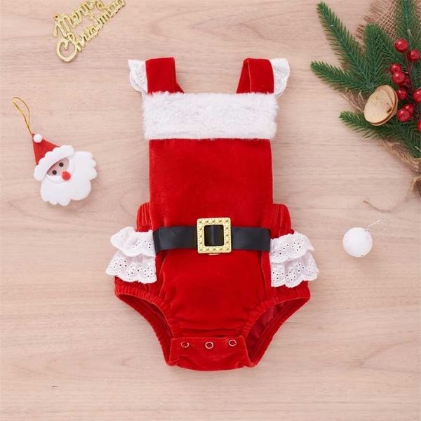 Mababy 0-12m Bebê Christmas Baby Baby Meninas Romper Xmas Trajes Renda Ruffles Santa Jumpsuit Macacões Ano Roupas D84 211101