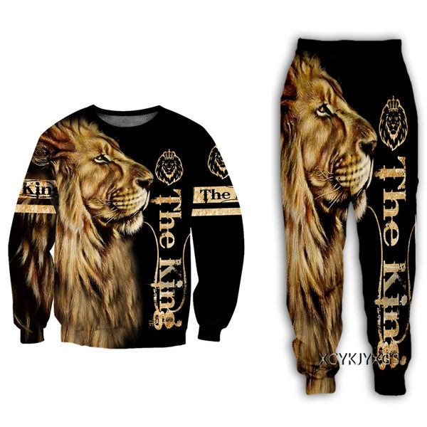 

men and women 3d printed elegant animal lion casual clothing fashion sweatshirt and trousers exercise suit a171, Black