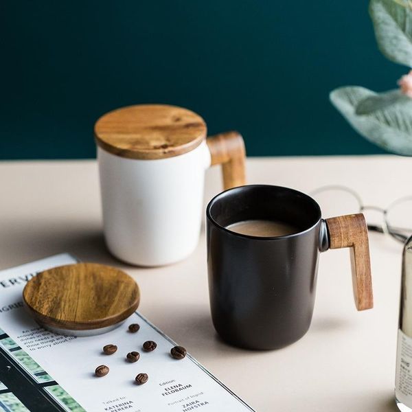 

mugs gift package wooden handle with cover coffee cup lovers ceramic mug set