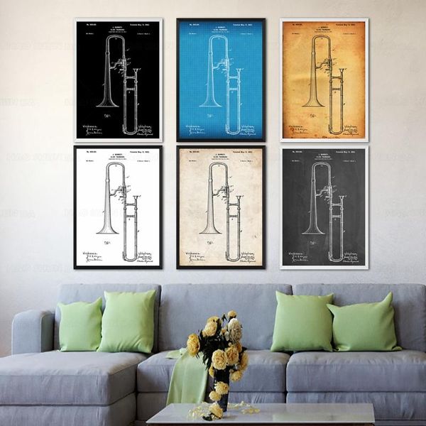 

paintings vintage slide trombone 1902 patent wall music blueprint poster canvas painting print décor living home art