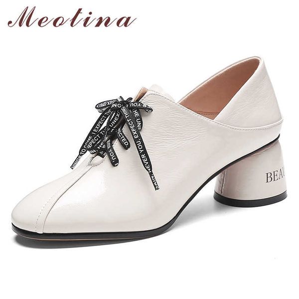 

meotina high heels women shoes natural genuine leather round heels shoes real leather lace up round toe pumps female size 34-39 210608, Black