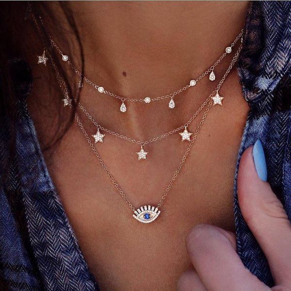 

pendant necklaces vintage devil's eye pentagram multi-layer necklace set decoration friends gift, Silver