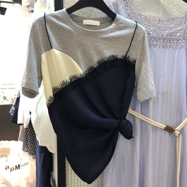 

summer women's lace stitching fake two short-sleeved t-shirt color matching wild casual short-sleeved t-shirt gd006 210315, White