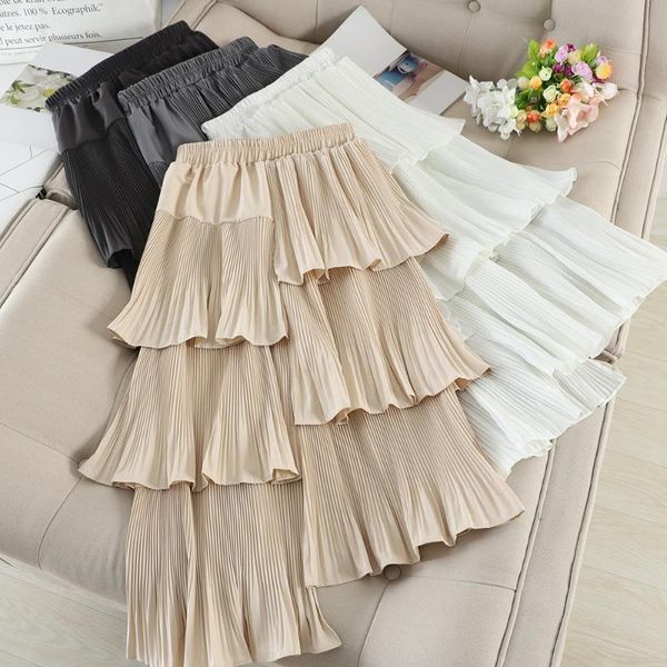 

autumn irregular cakee layered cotton blend long skirts elastic waist pleasted ruffles tiered high low a-line long skirts, Black