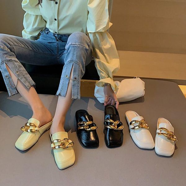 

slippers 2021 brand women gold buckle slipper elegant square toe slip on mules shoes for flat heel sandal casual outdoor slides, Black