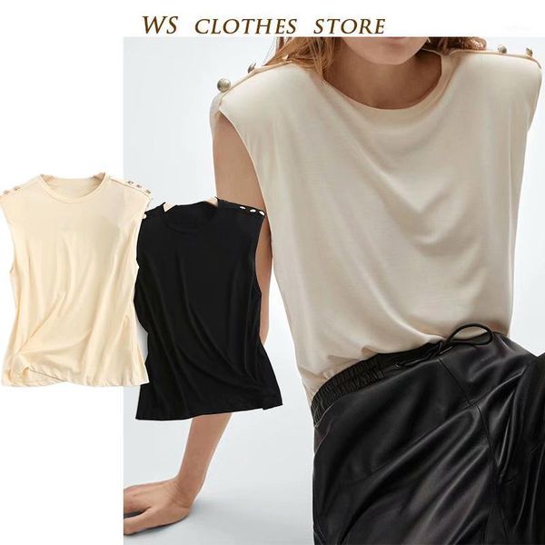 

fashion simple shoulder pads buttons sleeveless shirts female england style black apricot fitted tank cotton mujer women's tanks & cam, White