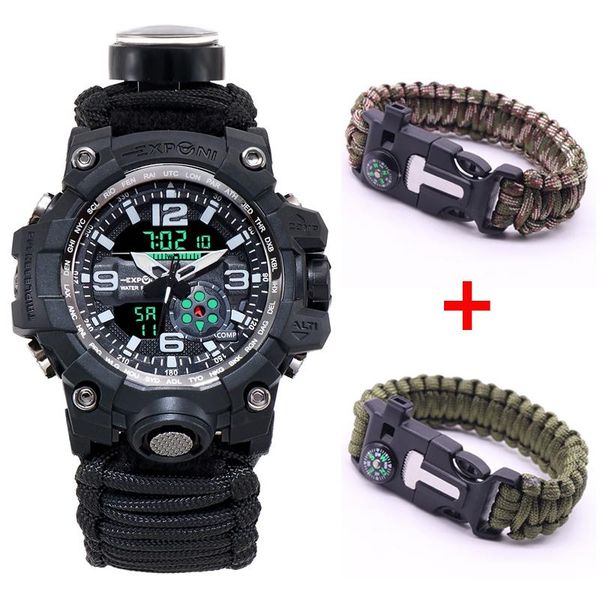 

men's water resistant sports watch anti- luminous digital watches mountain hiking emergency umbrella rope bracelet watch, Slivery;brown