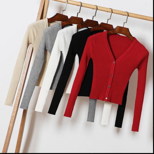 

spring autumn women v neck knitted full sleeve cropped sweaters cardigans lady knit short stretchy outwear coat for female, White;black