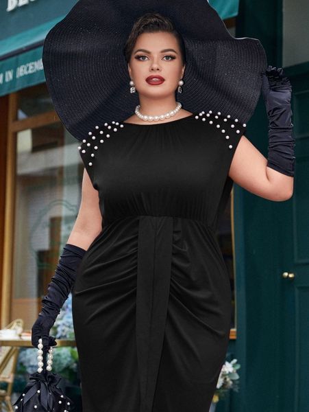 

plus pearls beaded ruched split hem dress x1zm#, Black