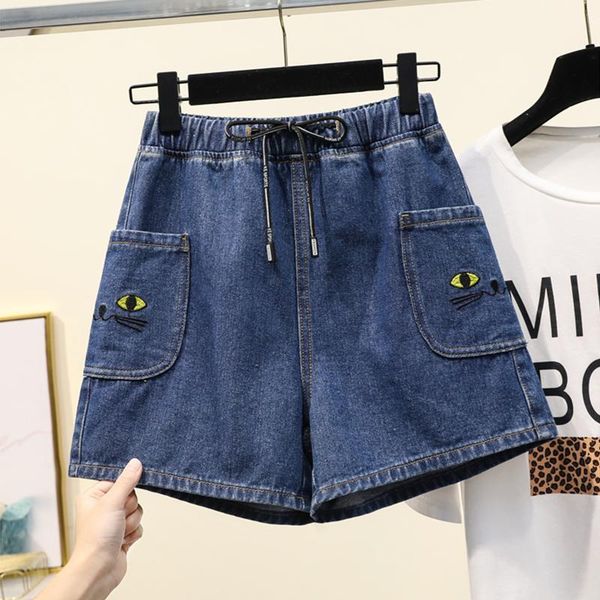 

women's jeans summer cat embroidery wide leg shorts woman plus size elasitc waist letter lace up denim mujer pocket loose casual femme, Blue