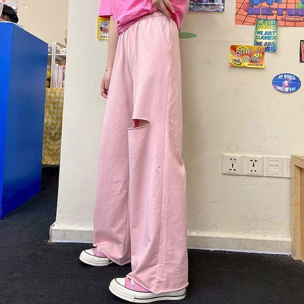 

thin jogger high waist hole women pant sweatpants korean style plus size wide leg loose sweat ankle length, Black;white