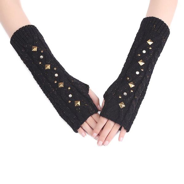 

five fingers gloves luxury knitted arm warm rivet glove driving lady' long women winter fingerless, Blue;gray