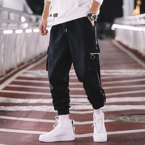 

2021 electric belt sweatpants new men's fashion zipper loose cargo streetwear hip hop harem pants c2l1, Black