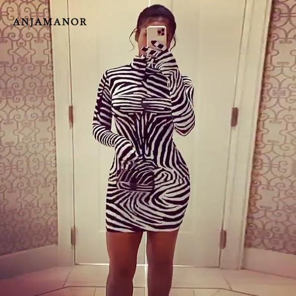 

anjamanor zebra print bandage mini dresses for women clubwear fashion long sleeve bodycon mini dress with gloves d70-bg21, Black;gray
