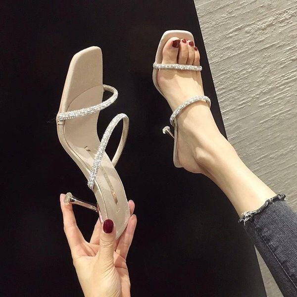 

dress shoes slippers street pography rhinestones 2021 summer one-word buckle high heels female sandals external rubber buck, Black