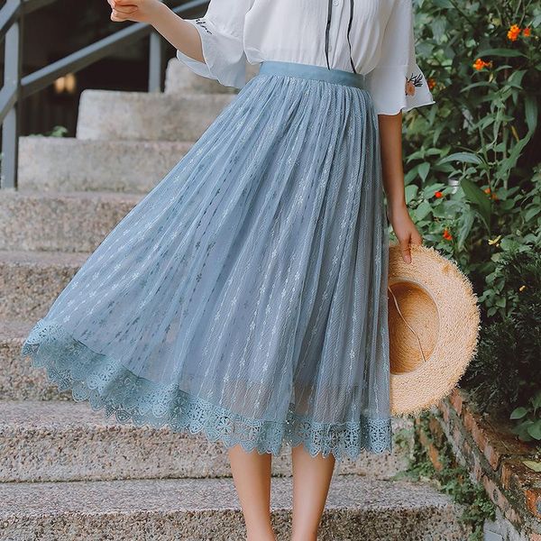 

skirts summer floral embroidery tulle high waist a line long skirt korean pleated midi female tutu black white pink