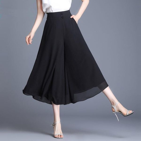 

women's pants & capris drape chiffon summer cropped trousers skirt style casual culotte thin high waist loose black 993d, Black;white