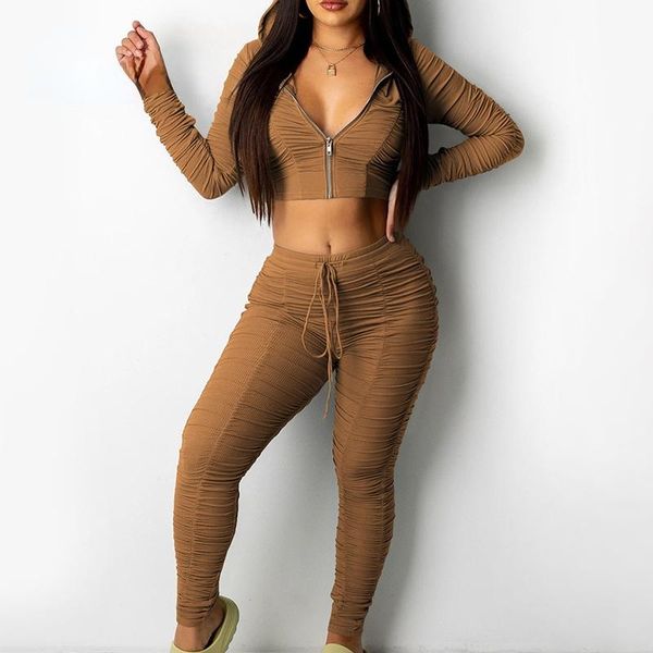 

women's two piece pants 2021 product front zipper cut-out hooded and drawstring ladies pleated two-piece suit, White