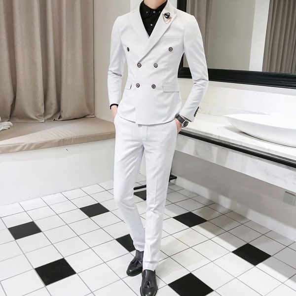 

3 piece / spring new slim men's blazer sets , solid color men suits england style wind double breasted suit men three pieces t200303, White;black