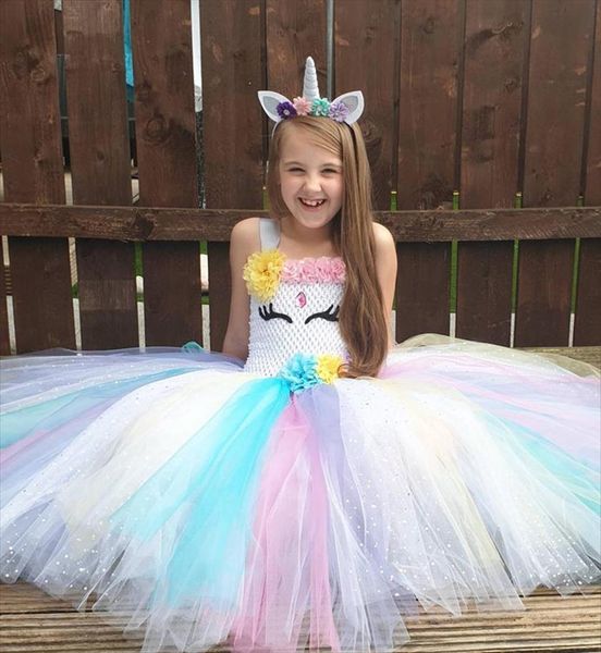 

girls unicorn tutu kids crochet girl dresses tulle ball gown with flower hairbow children birthday party costume cosplay, Red;yellow