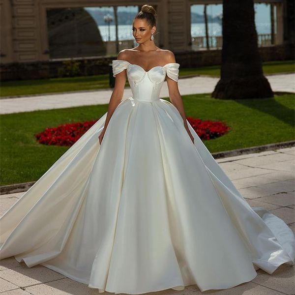 2022 Plus Size Arabisch Aso Ebi Elegantes Ballkleid Hochzeitskleid Schatz Perlen Satin Sexy Brautkleider Kleider ZJ0232